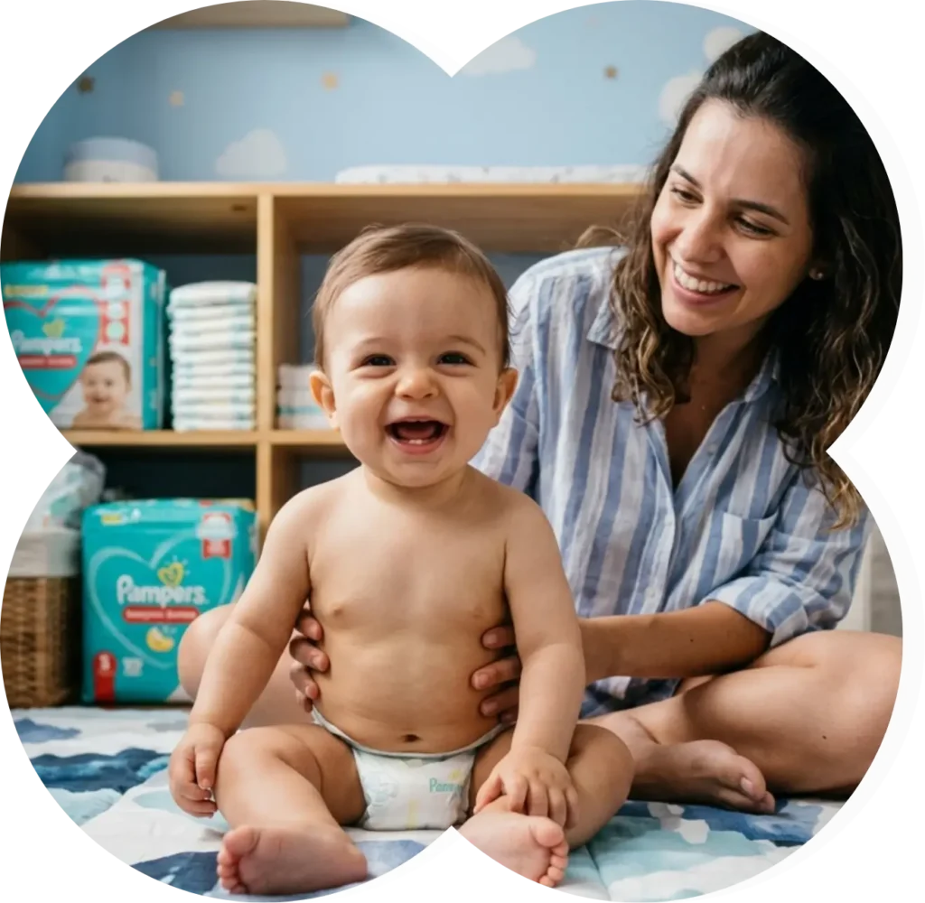 Bebê feliz — promoções de fraldas